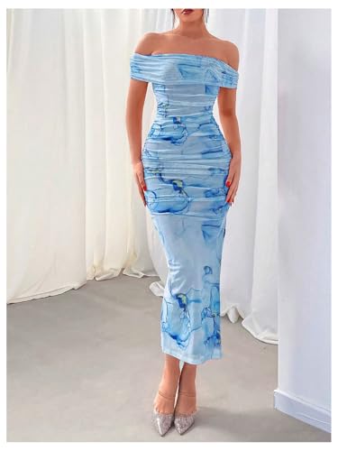Image of Floerns Women's Floral Print Off Shoulder Short Sleeve Ruched Bodycon Long Dress