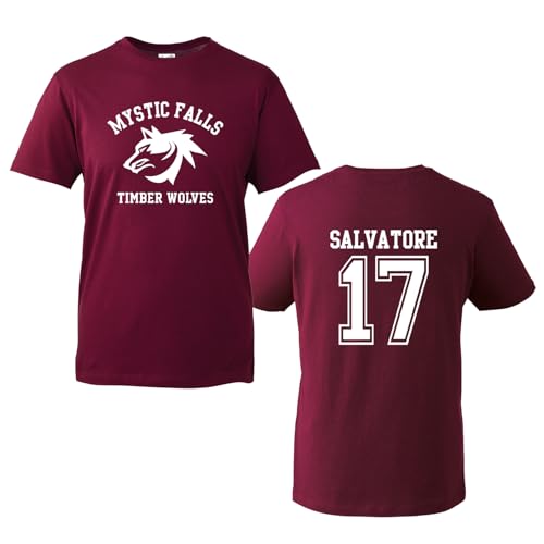 The Vampire Diaries Inspired T-Shirt - Mystic Falls Salvatore 17 Front & Back Print | Crew Neck Unisex T-Shirt |Regular Fit 100% Cotton Printed TT Shirt for UK Men/Women/Kids Wine