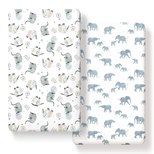 Image of GRSSDER Stretchy Ultra Soft Jersey Knit Fitted Crib Sheets Set 2 Pack,Universal Fit All Standard Crib Mattress Pads Safe and Snug, Stylish Crib Fitted Sheet for Boys and Girls, Cute Elephant