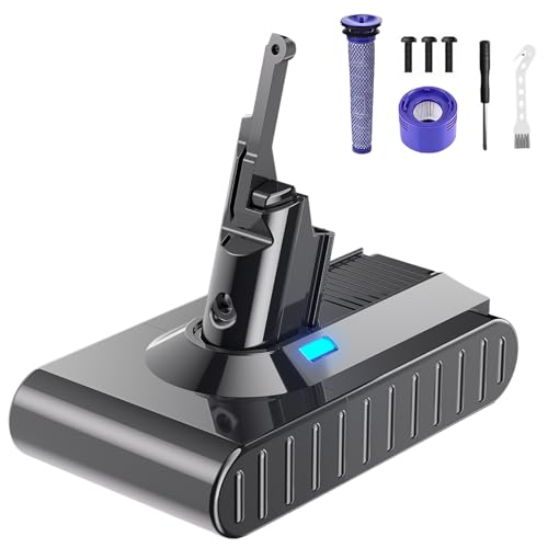 6000mAh Battery for Dyson V8, Powtree Replacement Battery for Dyson SV10 Compatible with V8 Animal Absolute Fluffy Motorhead Cordless Vacuum Cleaner (2 Filter + 1 Screwdrivers + 3 Screws+ 1 Brush)
