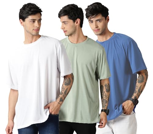 Image of RodZen Oversized Baggy Fit Half Sleeves Round Neck Solid Cotton Blend Combo T-Shirt for Men (Pack of 3)
