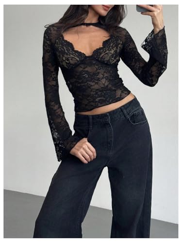 MakeMeChic Women's Lace Sheer Top Y2k Bell Sleeve Cut Out T Shirt Fitted Crop Tops4