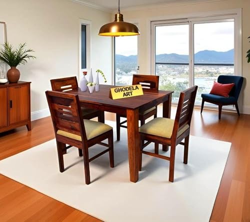 Image of Sheesham Wood Oval Dining Table with Cushion Chairs Set for Home Hall | Solid Wood Dinner Table with Chairs for Hotels | Dining Room Sets (Natural Finish 2, 4 Seater)