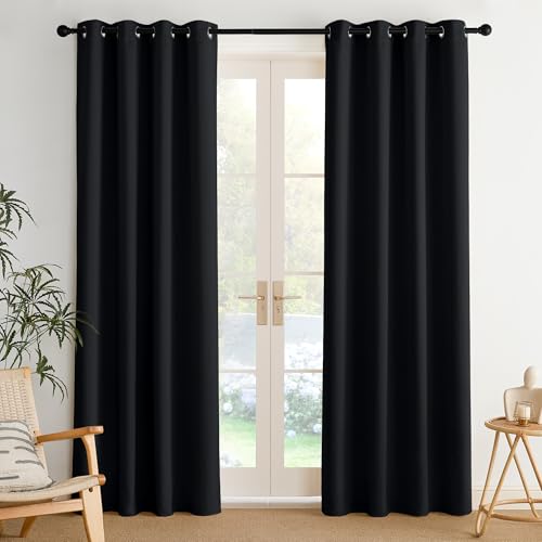 NICETOWN Black Blackout Curtains for Bedroom 84 inches Long 2 Panels, Thermal Grommet Curtains for Living Room, Noise Reducing Privacy Window Treatment Shades for Nursery, Laundry Patio, W52