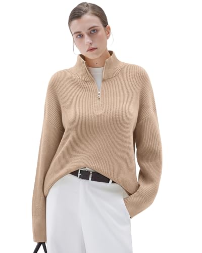 Image of SUUKSESS Women Cashmere Blend Oversized Quarter Zip Pullover Sweater Long Sleeve Collared Ribbed Knit Jumper Tops