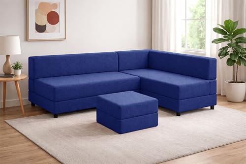 Image of Leg Sofa Cum Bed with Ottoman | Jute Fabric | Multipurpose Folding 3 Seater Sofa Bed 5x6 Ft for Living Room | Space Saving Furniture | Modern Design - Blue