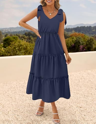 ZESICA Women's 2025 Summer Boho Casual V Neck Sleeveless Midi Dresses Tie Shoulder Flowy Tiered A Line Beach Long Sundress3