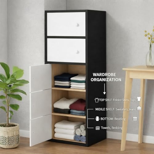 Image of 4-Door Morden Wooden Collapsible Wardrobe for Storage /Space Saving Wooden Wardrobe with Doors /Collpsible Storage Organiser /Living Room - (Black, 4 Layer)