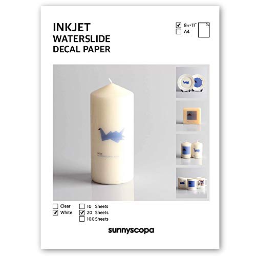 Sunnyscopa Waterslide Decal Paper for INKJET Printer - WHITE, US LETTER SIZE 8.5"X11"