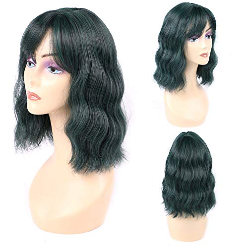 TAYESHA Blackish Green Color Synthetic Bob Wig Short Curly Wig With Bangs For Women Shoulder Length Heat Resistant Costume Play Wig