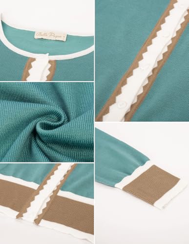 Image of Women's Cardigan Sweater Color Block Long Sleeve Crew Neck Knit Cardigan Trendy Cropped Cardigan Shrug