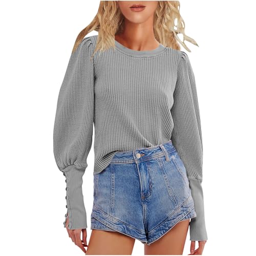 Women's Waffle Puff Long Sleeve Shirts Casual Crew Neck Knit Blouses Casual Button Solid Color Cropped Pullover Tops Gray