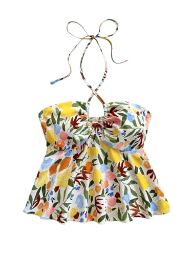 SOLY HUX Women's Boho Print Halter Cami Top Sleeveless Backless Ruffle Flared Summer Crop Tops