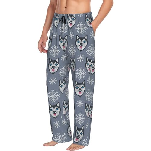 Mens Pajama Pants Bottoms With Pockets- Weaving Cute Husky Dog Snowflake Soft Mens Pj Pants, Comfy Men Lounge Pants