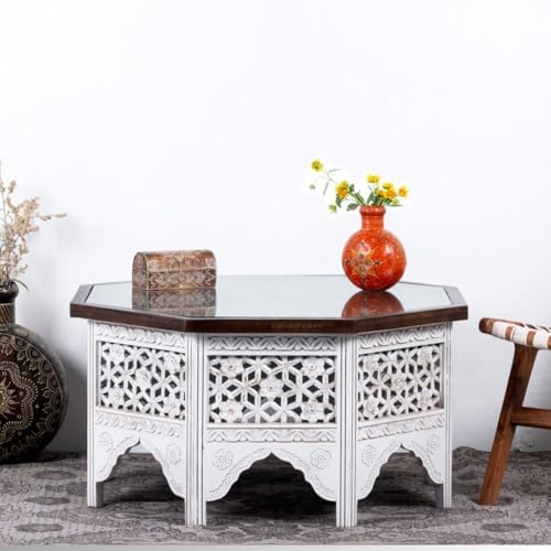 Image of Wooden Coffee Table for Living Room | Solid Wood Handcrafted Center Table for Living Room with Carved Jaali Design | Tea Table for Living Room Wooden Furniture for Home (White Distress)