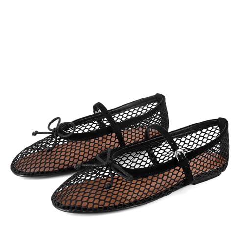 Image of MICIFA Women's Mesh Ballet Flats Fishnet Ballerina Flats Buckle Strap Mary Jane Causal Daily Dress Shoes
