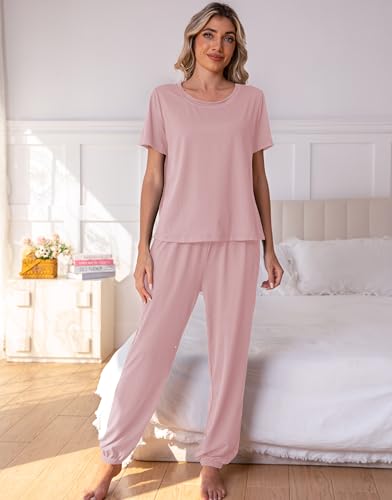 Women's Comfy Pajama Sets Short Sleeve Long Pants 2PCS Lounge Sets Drawstring Solid Color Nighty