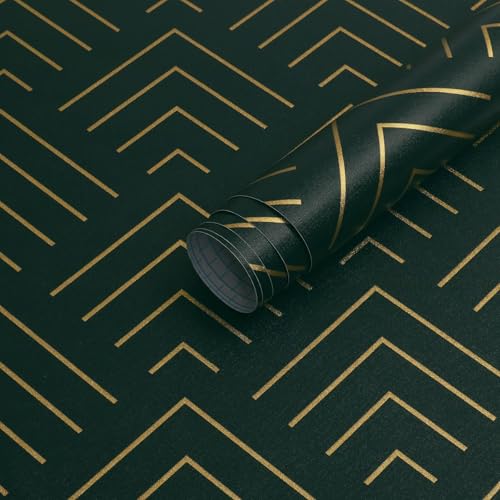 Image of TEKCOOL Self Adhesive Wallpaper Green and Gold Pattern Peel and Stick Wallpaper Gold Lines Geometric Sticky Back Vinyl Removable Contact Paper Wall Covering Decorative Film DIY 45x300cm (Green-3pc);