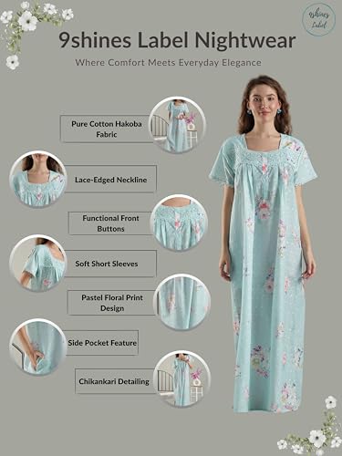 Image of 9shines Label Stylish Chikankari Cotton Nighty Maxi for Women | Full Length Nightgown | Nightdress with Pocket | Embroidery Nighty | Soft Comfortable Cotton Nightwear (1545)