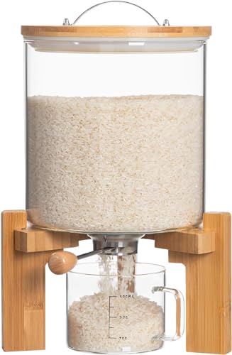 Glass Rice Dispenser with Wooden Stand Flour and Cereal Container with Glass Measuring Cup Pantry Food Organization Storage Bin with Airtight Bamboo Lid, 5L