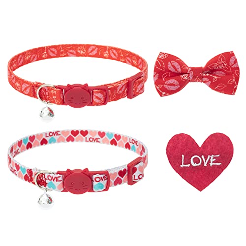 PUPTECK 2 Pack Spring Cat Collars with Bell for Kitten - Breakaway Buckle Safety Kitty Collars with Loveing Heart Stickers and Bowtie, Cute Pink Red Flower Pattern