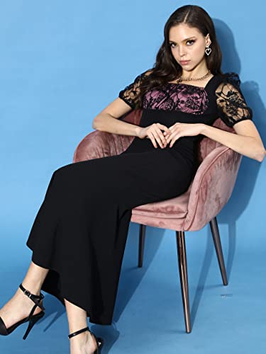 Image of Miss Chase Women's Black Square Puff Sleeve Solid Lace Overlaid Ankle Length Dress (MCSS22D13-48-62-07, Black, XXL)