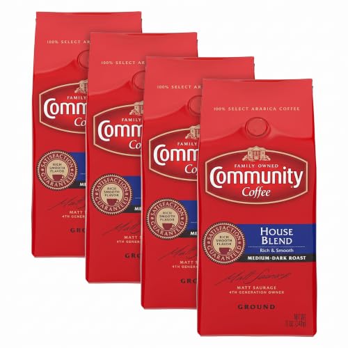 Community Coffee House Blend 12 Ounces, Medium Dark Roast Ground Coffee, 12 Ounce Bag (Pack of 4)