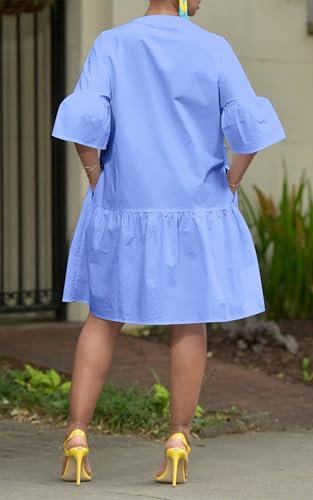 Image of Choichic Button Down Shirt Dresses for Women with Pockets Flare Bell Sleeve A-Line Midi Tunic Dress