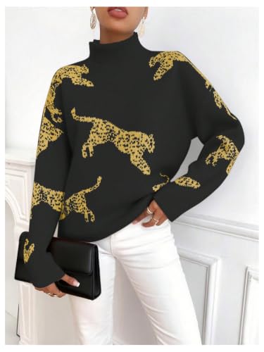 Image of WDIRARA Women's Leopard Tiger Print Sweater High Neck Long Sleeve Fuzzy Knitted Pullover Top