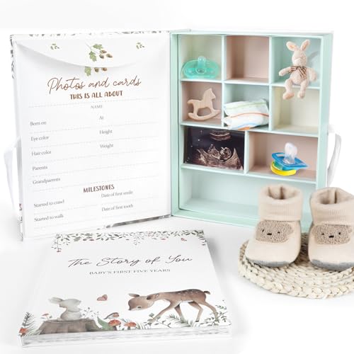 Image of Baby Keepsake Box Baby Memory Book Jungle Woodland Animal Memory Organizer Box with 9 Labeled Compartments Gifts for Boy Girl First 5 Year Scrapbook Journal Photo Album Baby Shower for Mom Gifts