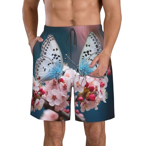 Spring Flowers Butterfly Print Mens Casual Shorts Drawstring Summer Beach Stretch Shorts Novelty Swimtrunks