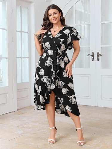 Image of SHESTARR Women Plus Size Maxi Dress Short Sleeve Wrap V Neck High Low Split Long Dress