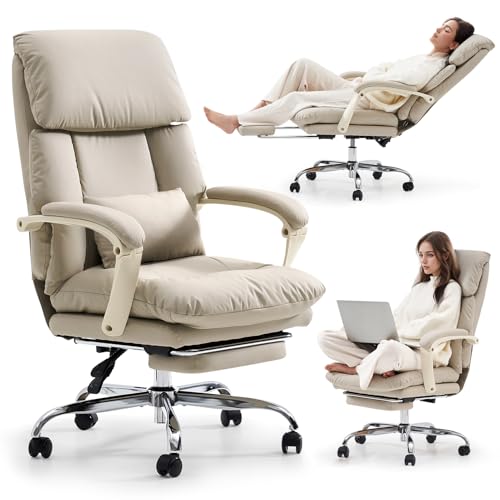 EMIAH Genuine Leather Office Chair with Foot Rest, Reclining Ergonomic Executive Office Chair with Arms, High Back Comfy Swivel Computer Desk Chairs with Wheels and Lumbar Support for Home, Beige