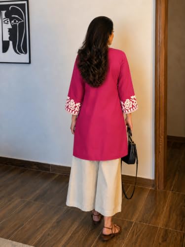 Image of ANNI Designer Co Ord Set for Women Cotton Embroidered | Straight Kurta Palazzo Set for Woman | Round Neck V Slit Full Sleeve Ethnic Dress Stylish Coord Outfit Womens Clothing