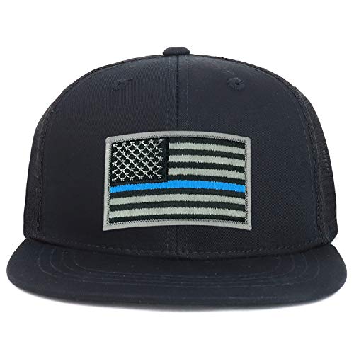 Armycrew Youth Kid's Thin Blue Line American Flag Patch Flat Bill Snapback Trucker Cap