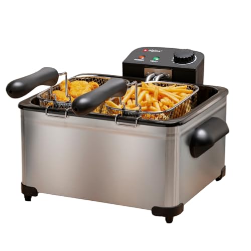 alpina Friteuse 5L - Doppel Fritteuse mit verstellbarem Thermostat - Fritöse mit Öl und 3 herausnehmbaren Körben - Deep Fryer 2000 W - 27,5 x 21,5 x 30,5 cm - Edelstahl, Silber