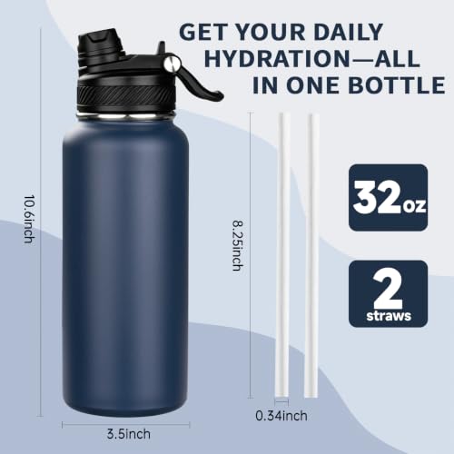 Image of 32 oz Insulated Water Bottle with Leak-proof 2-in-1 Straw and Spout Lid,Stainless Steel Sports Water Bottle with Handle,Double Wall Vacuum Metal Water Flask for Travel Camping School (Navy blue,1)