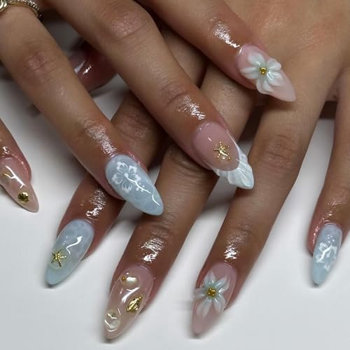 Almond Press on Nails Medium Fake Nails 3D Flower French Tip Fals...