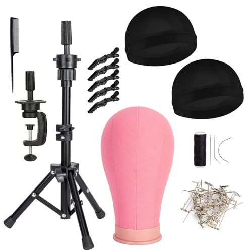 GOODColla Mannequin Head with Stand Professional Mannequin Canvas Head with Stand for Making Display Cork Canvas Block Head with Adjustable Wig Head Stand for Hair Styling Practice Display