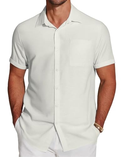 COOFANDY Herren Hemd Kurzarm Leichtes Sommerhemd Kurzarmhemd Männer Herrenhemd Strandhemd Weiß XL