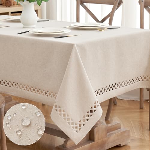MIULEE Natural Thick Polyester Rectangle Tablecloth with Decorative Cutouts Waterproof Stain Resistant Table Cloth Farmhouse Table Cover for Thanksgiving Dining Party Camping, 52 x 70 inch