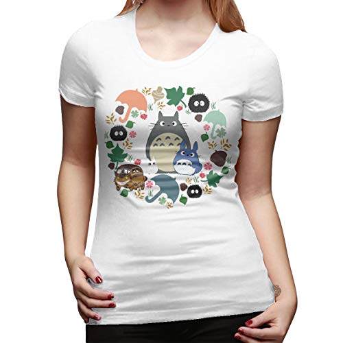 WEIYE Neighbor Totoro Wreath - Catbus, Soot Sprite, Umbrella Women Short Sleeve T Shirt Casual Tee White