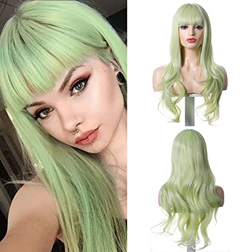 Nyuwa Light Green Wigs with Bangs 22'' Synthetic Long Curly Wig Middle Part, Body Wave Wig Cosplay Daily Party Halloween Wig for Women Girl, Colorful Costume Wig, Heat Resistant Fiber, Natural Looking