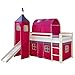 Homestyle4u 539, lit loft pour Enfants avec Toboggan, échelle, Tour, Tunnel, Rideau Rose, Bois Massif Blanc, 90x200 cm
