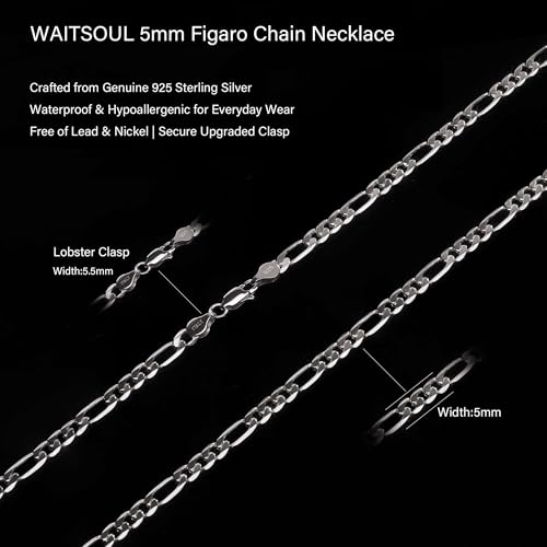 925 Sterling Silver Figaro Chain Necklace 5mm – Sterling Silver Chain for Men and Women, Durable Mens Silver Chain, Hypoallergenic Nickel-Free Silver Necklace, Waterproof, Lobster Clasp, Gift Ready - Image 6