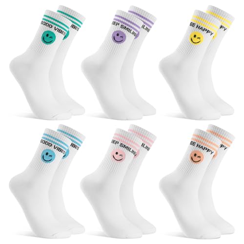 Utensilsto 6 Paar Tennissocken Damen & Herren 39-42 Weiß Socken mit Smile und Spruch Motiv Sportsocken Baumwollsocken Smi Crew Socks für Tennis Sport Lauf Männer Frauen grün lila gelb rosa