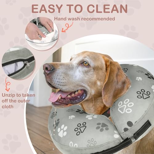 Image of SCENEREAL Dog Cone Alternative After Surgery Donut Collar, Soft Pet Recovery Pillow Collar for Medium Large Dogs, Inflatable Adjustable Neck Collars to Prevent Licking, Grey Footprints L