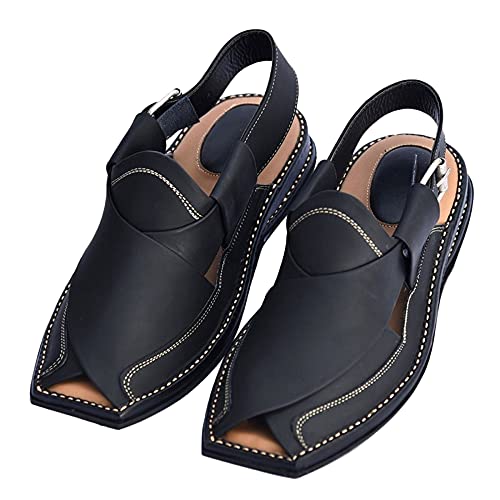Premium Men's Black Genuine Cowhide Leather Sandals - Comfortable Double Sole Summer Footwear