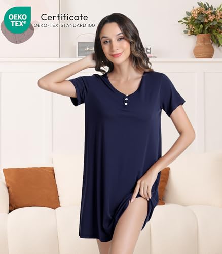Image of NACHILA Women's Nightgowns-Viscose Made from Bamboo, Soft Sleepwear V Neck Sleepshirt Short Sleeve Loungewear Cool Sleepdress