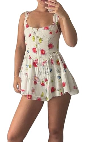 Image of NUFIWI Women Boho Graffiti Cami Mini Dress Spaghetti Strap Printed A Line Short Dress Backless Cut Out Colorful Sundress